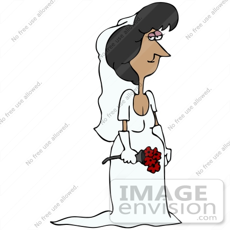 #30567 Clip Art Graphic of a Beautiful Hispanic Woman, A Bride, Posing In Her White Wedding Gown, Veil And Gloves, Holding A Bouquet Of Red Roses by DJArt