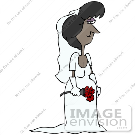 #30568 Clip Art Graphic of a Beautiful African American Woman, A Bride, Posing In Her White Wedding Gown, Veil And Gloves, Holding A Bouquet Of Red Roses by DJArt