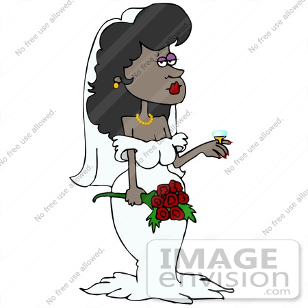 #30569 Clip Art Graphic of a Beautiful African American Bride Wearing Her Wedding Gown And Veil, Holding A Bouquet Of Red Roses And Showing Off The Giant Diamond On Her Wedding Ring by DJArt