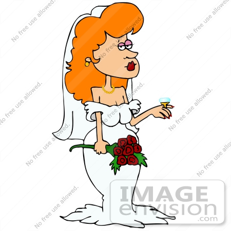 #30570 Clip Art Graphic of a Beautiful Red Haired Caucasian Bride Wearing Her Wedding Gown And Veil, Holding A Bouquet Of Red Roses And Showing Off The Giant Diamond On Her Wedding Ring by DJArt