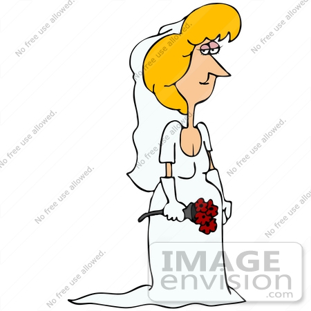 #30571 Clip Art Graphic of a Beautiful Blond Caucasian Woman, A Bride, Posing In Her White Wedding Gown, Veil And Gloves, Holding A Bouquet Of Red Roses by DJArt