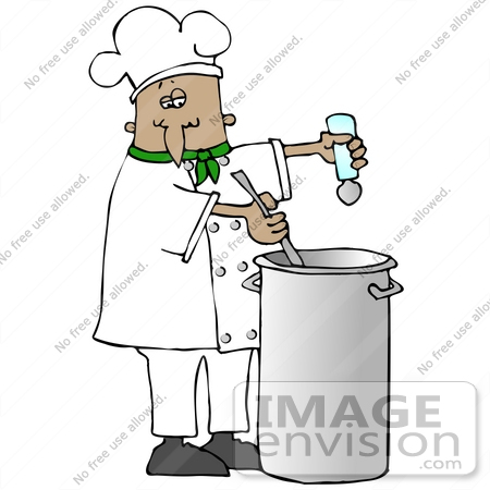 #30574 Clip Art Graphic of a Hispanic Or French Male Chef Wearing A Chef’s Hat And Jacket With A Green Collar, Stirring A Pot Of Food While Seasoning It With Salt by DJArt
