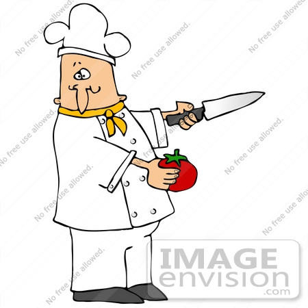 #30575 Clip Art Graphic of a Caucasian Male Chef Wearing A Chef’s Hat And Jacket With A Yellow Collar, Holding A Tomato And A Knife While Preparing Food In A Kitchen by DJArt