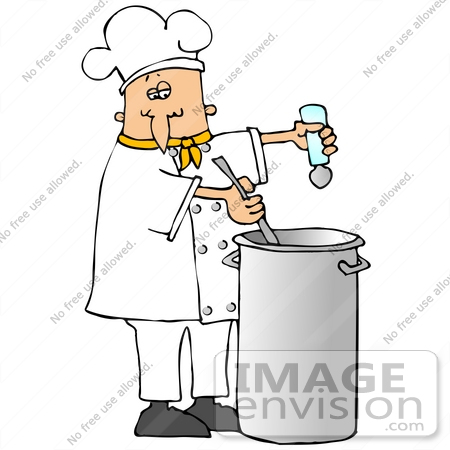 #30576 Clip Art Graphic of a Caucasian Male Chef Wearing A Chef’s Hat And Jacket With A Yellow Collar, Stirring A Pot Of Food While Seasoning It With Salt by DJArt