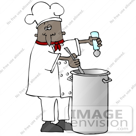 #30578 Clip Art Graphic of an African American Male Chef Wearing A Chef’s Hat And Jacket With A Red Collar, Holding A Tomato And A Knife While Preparing Food by DJArt