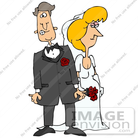 #30580 Clip Art Graphic of a Nervous Caucasian Groom Standing Beside His Blond Bride by DJArt