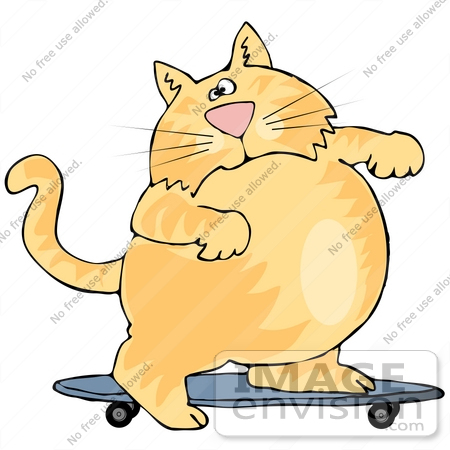 #30582 Clip Art Graphic of a Cute And Chubby Ginger Cat Riding A Skateboard by DJArt