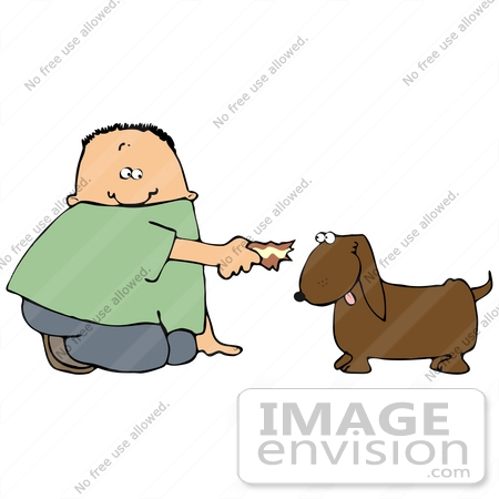 #30630 Clipart Illustration of a Caucasian Boy Feeding Human Food To A Little Brown Dog by DJArt