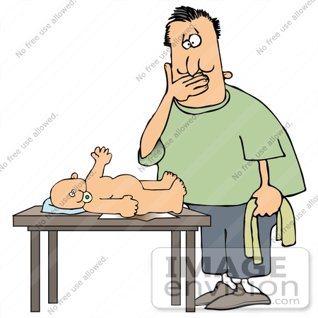 #30633 Clipart Illustration of a Caucasian Father Covering His Mouth And Trying Not To Puke While Changing A Baby’s Diaper by DJArt