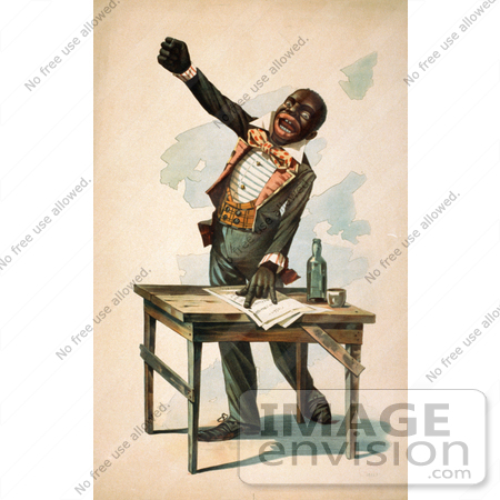 #30639 Stock Illustration of an African American Man Holding One Arm Up And Resting The Other On Papers On Top Of A Desk During A Theatre Performance by JVPD