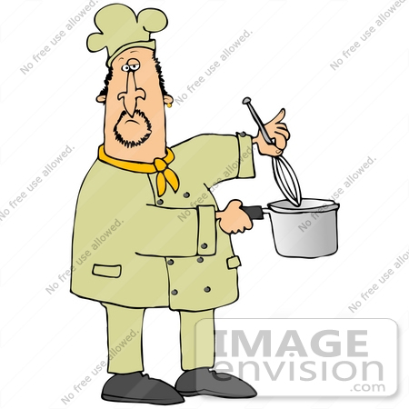#30654 Clip Art Graphic of a Male Caucasian Chef in a Yellow Chefs Hat and Jacket Using a Whisk to Stir Food in a Pot by DJArt