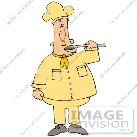 #30656 Clip Art Graphic of a Male Caucasian Chef in a Yellow Chefs Hat and Jacket Using a Spoon to Test Taste Food by DJArt