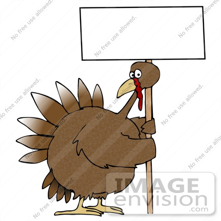 #30677 Clip Art Graphic of a Turkey Bird on a Farm, Holding a Blank White Sign by DJArt