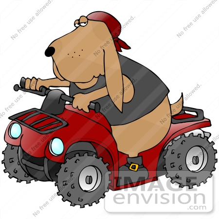#30678 Clip Art Graphic of a Cute Hound Dog in a Vest, Boots and a Hat, Riding a Red Quad by DJArt