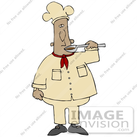 #30680 Clip Art Graphic of a Hispanic Male Chef Sampling His Food With A Spoon by DJArt