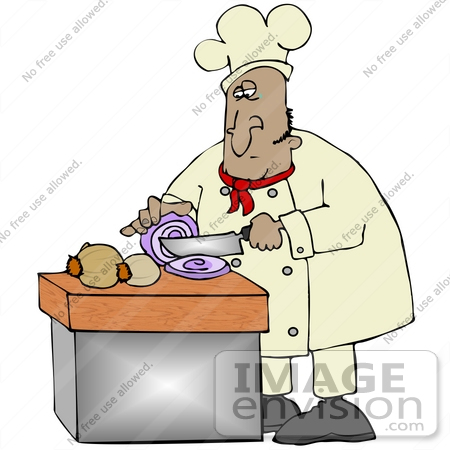 #30681 Clip Art Graphic of a Hispanic Male Chef In A Chefs Hat And Jacket, Crying While Prepping Food And Slicing Onions In A Kitchen by DJArt