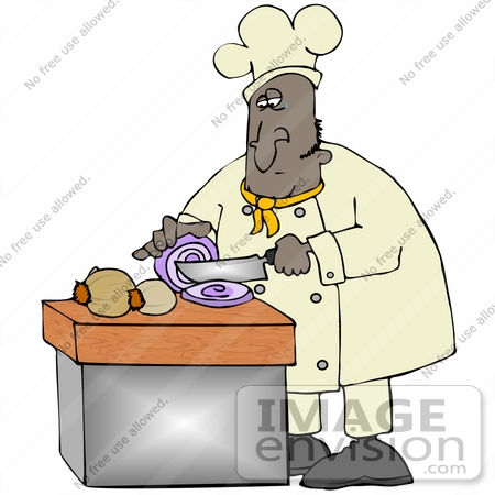 #30682 Clip Art Graphic of an African American Male Chef In A Chefs Hat And Jacket, Crying While Prepping Food And Slicing Onions In A Kitchen by DJArt
