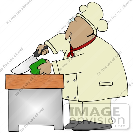 #30683 Clip Art Graphic of a Hispanic Male Chef Wearing A Chefs Hat And Jacket, Prepping And Cutting A Green Bell Pepper In A Kitchen by DJArt