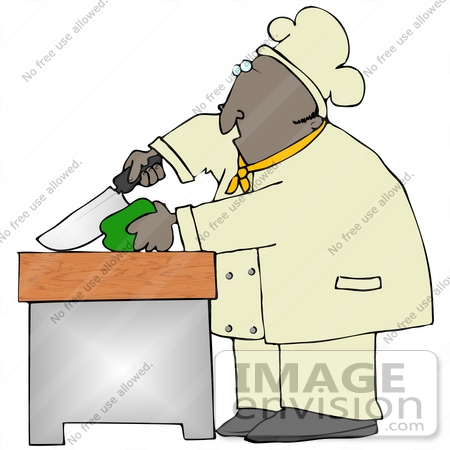 #30684 Clip Art Graphic of an African American Male Chef Wearing A Chefs Hat And Jacket, Prepping And Cutting A Green Bell Pepper In A Kitchen by DJArt