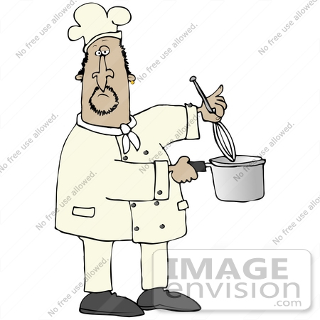 #30685 Clip Art Graphic of a Male Hispanic Chef Stirring A Pot Of Food With A Whisk by DJArt