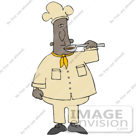 #30686 Clip Art Graphic of an African American Male Chef Sampling His Food With A Spoon by DJArt
