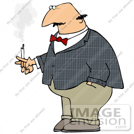 #30690 Clip Art Graphic of a Fat Bald Caucasian Man Smoking A Cigarette On His Smoke Break by DJArt
