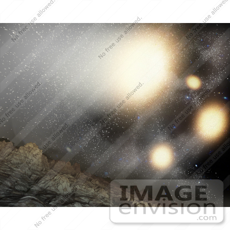 #30762 Stock Illustration Depicting What The Night Sky Might Look Like From A Hypothetical Planet Around A Star Tossed Out Of An Ongoing Four-Way Collision Between Big Galaxies, Which Are Shown As Yellow Blobs by JVPD