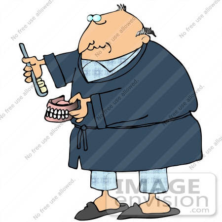 #30770 Clip Art Graphic of an  Old Caucasian Guy With A Bald Head, Wearing A Blue Robe Over His Pajamas, Brushing His Dentures Or Applying Paste To His False Teeth by DJArt