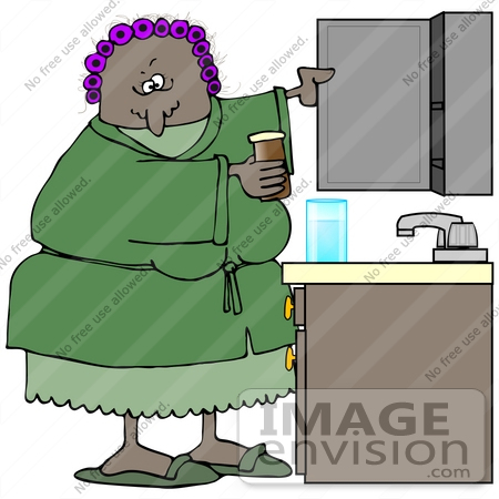 #30771 Clip Art Graphic of a Grouchy Old African American Lady Wearing A Pink Robe Over Blue Pjs And Purple Curlers In Her Hair, Taking Medicine Out From A Bathroom Cabinet by DJArt