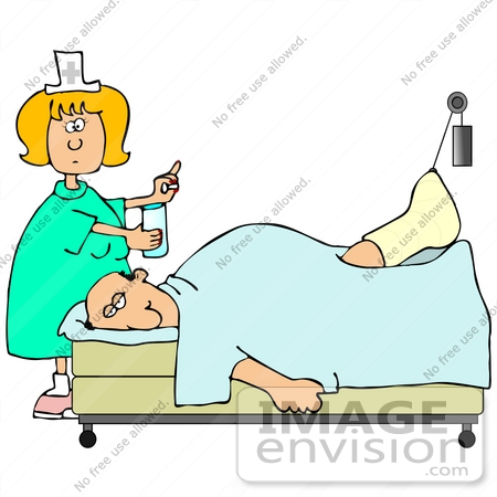 #30772 Clip Art Graphic of a Blond White Female Nurse Handing A Pill And A Glass Of Water To An Injured White Man Hooked Up To A Traction In A Hospital Bed by DJArt