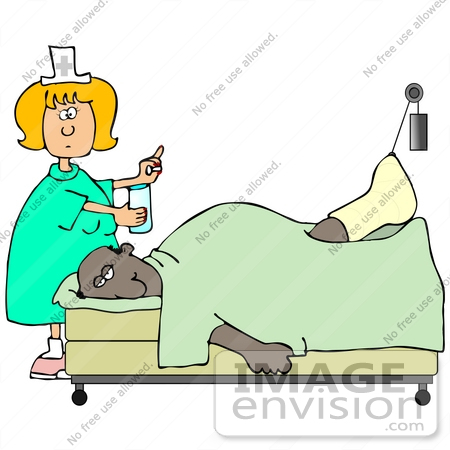 #30773 Clip Art Graphic of a White Female Nurse Blond Hair Giving Water And Medicine To An Injured Black Man Who Has His Leg Hooked Up To A Traction In A Hospital Bed by DJArt