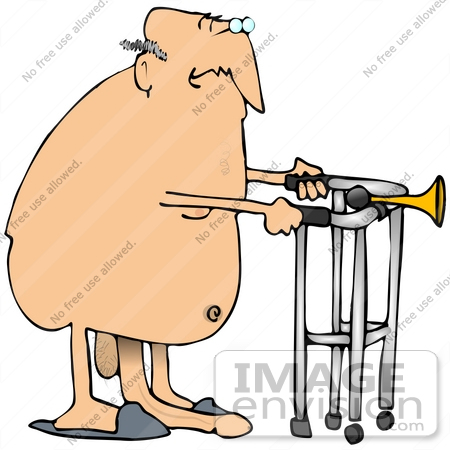 #30774 Clip Art Graphic of a Nude Old White Senior Man Wearing Only Slippers, Using A Walker With A Horn, His Penis Sagging Down To The Floor by DJArt