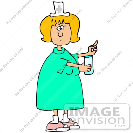 #30780 Clip Art Graphic of a Blond White Female Nurse Holding Out A Pill And Glass Of Water For A Hospital Patient by DJArt