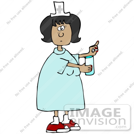 #30781 Clip Art Graphic of a Hispanic Female Nurse Holding Out A Pill And Glass Of Water For A Hospital Patient by DJArt