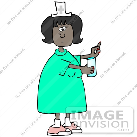 #30782 Clip Art Graphic of a Black Female Nurse Holding Out A Pill And Glass Of Water For A Hospital Patient by DJArt