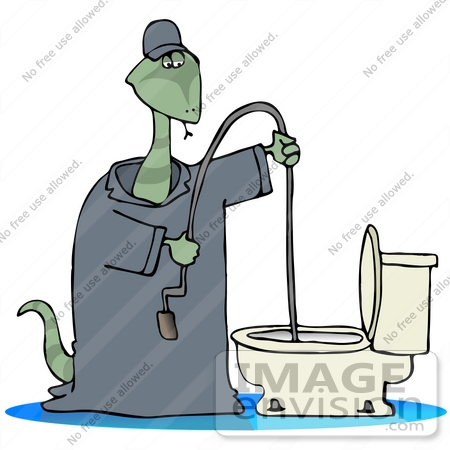 #30786 Clip Art Graphic of a Snake Plumber In Coveralls, Using A Toilet Snake To Fix A Clog And Plumbing Problems In A Bathroom by DJArt