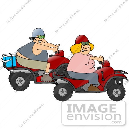 #30793 Clip Art Graphic of a Blond Caucasian Woman And A Chubby Man Riding Red Atvs Together by DJArt