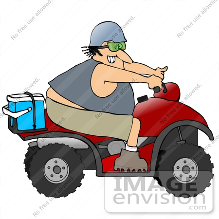 #30795 Clip Art Graphic of a Happy Caucasian Man Smiling While Speeding Past On A Red Quad by DJArt