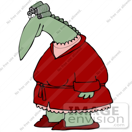 #30796 Clip Art Graphic of a Green Dinosaur Lady Wearing Curlers in Her Hair, Red Slippers and a Red Robe Over Pajamas by DJArt