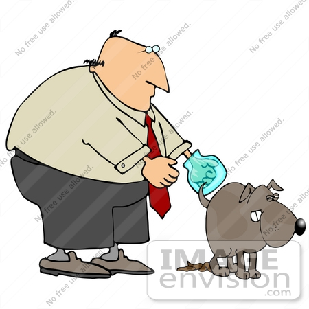 #30808 Clip Art Graphic of a Balding Caucasian Businessman Waiting For His Dog To Finish Doing His Business So He Can Clean Up The Mess With A Bag by DJArt