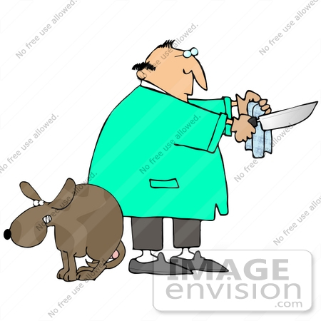 #30809 Clip Art Graphic of a Male Caucasian Veterinarian Cleaning A Knife In Preparation Of Neutering The Scared Dog At His Feet by DJArt