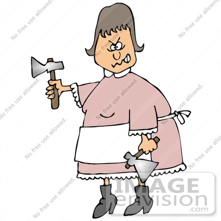 #30811 Clip Art Graphic of a Woman Resembling Lizzie Borden, Waving Axes Around by DJArt