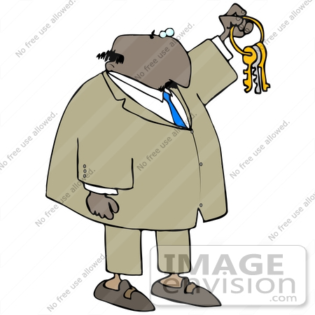 #30812 Clip Art Graphic of an African American Businessman In A Tan Suit And Blue Tie, Holding Up A Set Of Keys, Symbolizing Opportunities And Advancement by DJArt