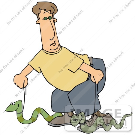 #30813 Clip Art Graphic of a Caucasian Man In A Yellow Shirt And Blue Pants, Crouching Down While Walking Two Snakes On Leashes by DJArt