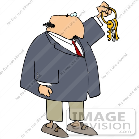 #30814 Clip Art Graphic of a Caucasian Businessman In A Tan Suit And Blue Tie, Holding Up A Set Of Keys, Symbolizing Opportunities And Advancement by DJArt