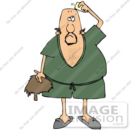#30818 Clip Art Graphic of a Bald Caucasian Man In A Green Robe And Slippers, Applying Hairpiece Glue Before Putting His Toupee On His Head by DJArt
