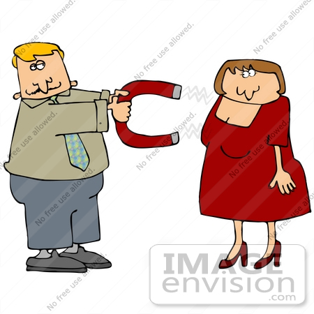 #30820 Clip Art Graphic of a Blond Caucasian Man Holding Out A Chick Magnet That Is Luring In An Attractive Woman In A Red Dress by DJArt