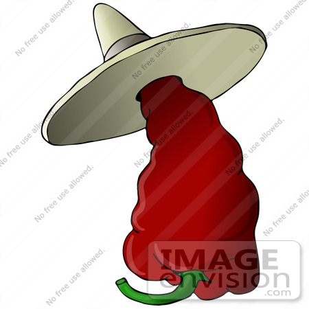 #30821 Clip Art Graphic of a Hot and Spicy Red Chilli Pepper Wearing a Sombrero Hat by DJArt