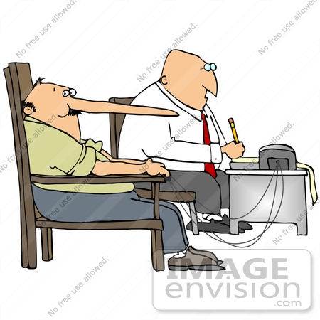#30957 Clip Art Graphic of a Man’s Nose Growing While Lying During a Polygraph Test by DJArt