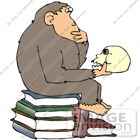 #30959 Clip Art Graphic of a Cartoon Parody of Hugo Rheinhold’s "Philosophizing Monkey" Showing a Smart Ape Sitting on Books and Looking at a Human Skull by DJArt